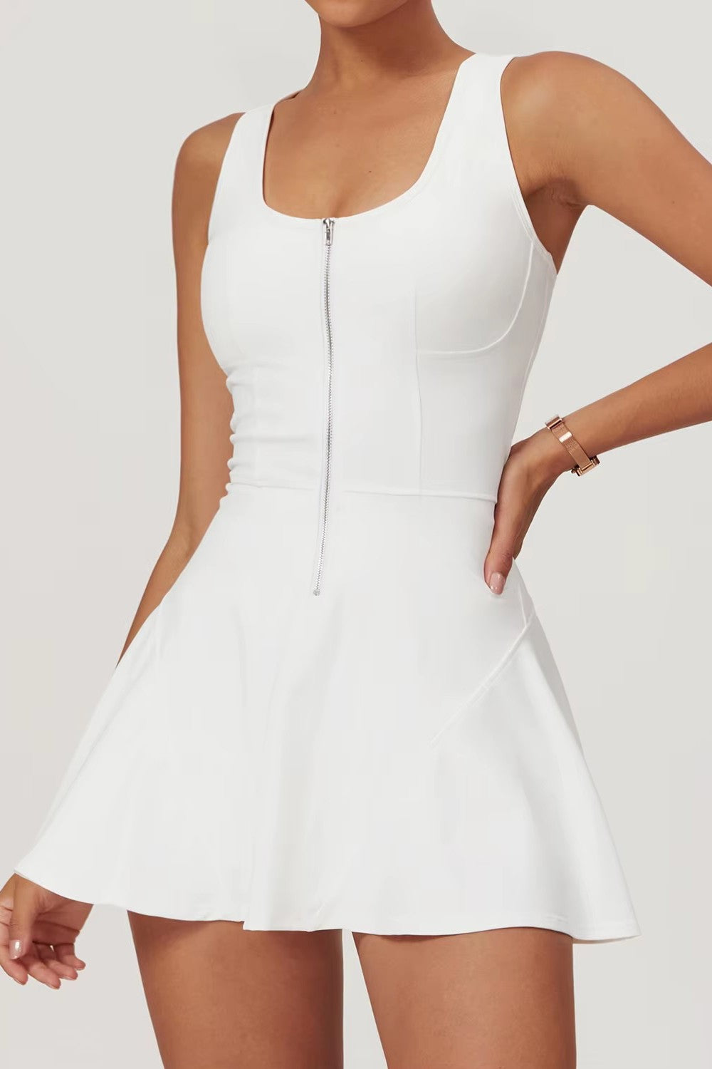 vespr_active_racerback_zipper_dress_built_in_bra_with_shorts_white