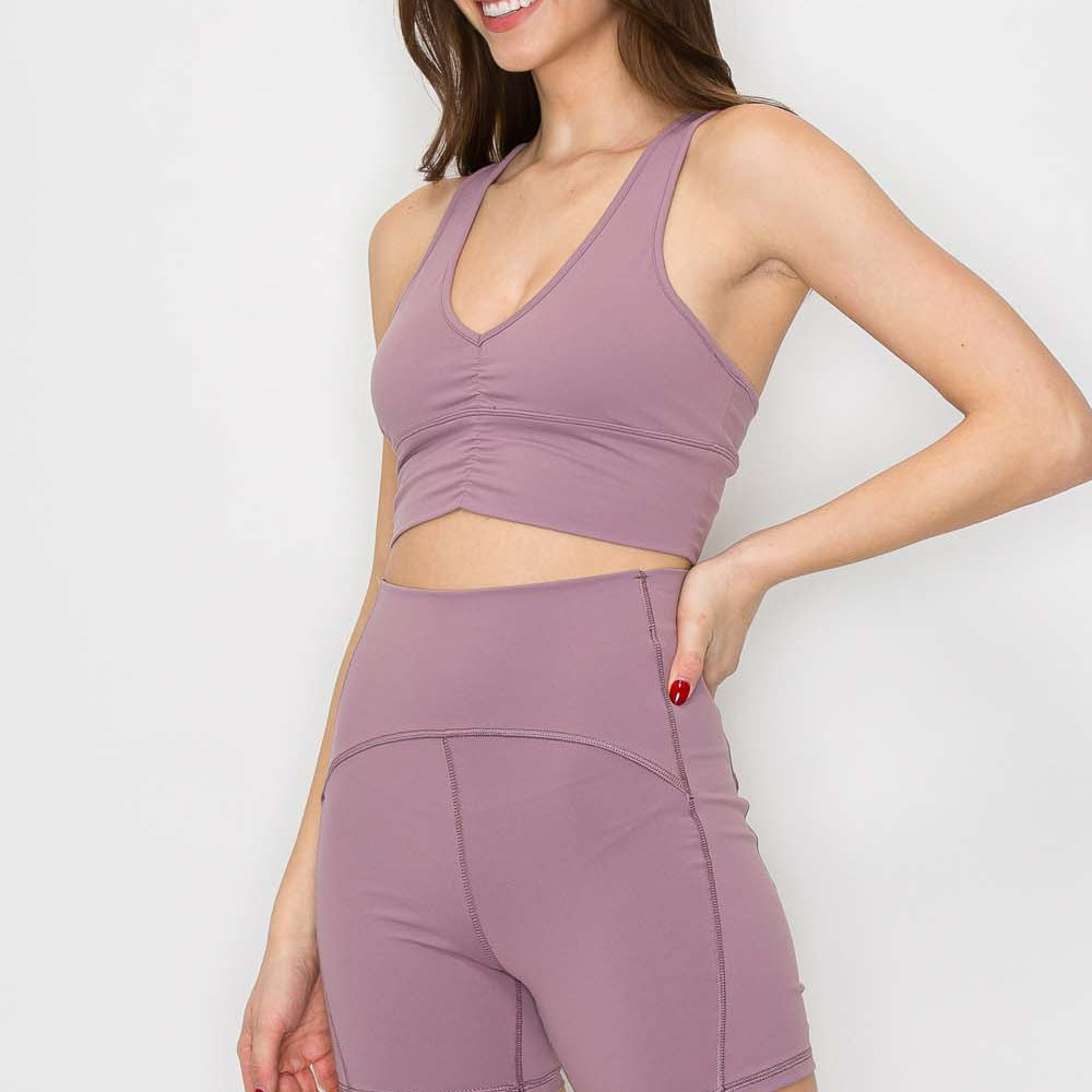 
                      
                        Ruched Bra Top - Medium Support - Ube Lavender - full body angle
                      
                    