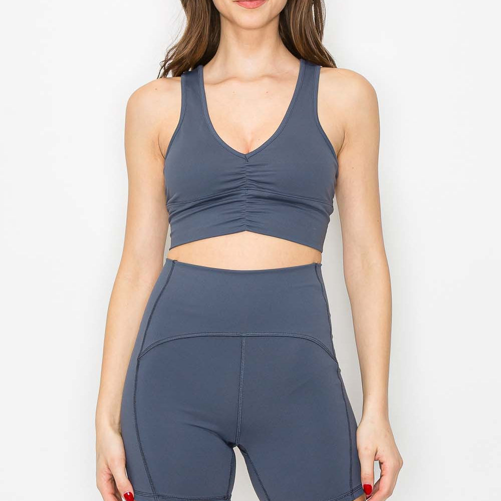 
                      
                        Ruched Bra Top - Medium Support - Midnight Blue - full body front
                      
                    