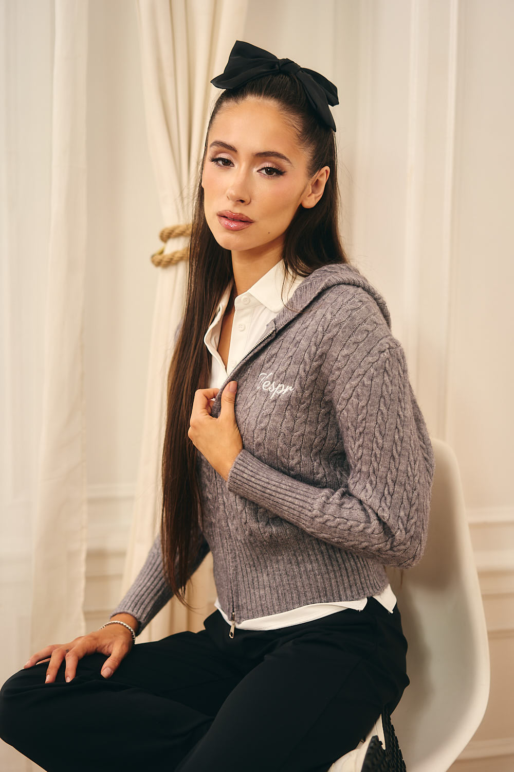 Cable Knit Two-Way Zipper Front Hooded Cardigan